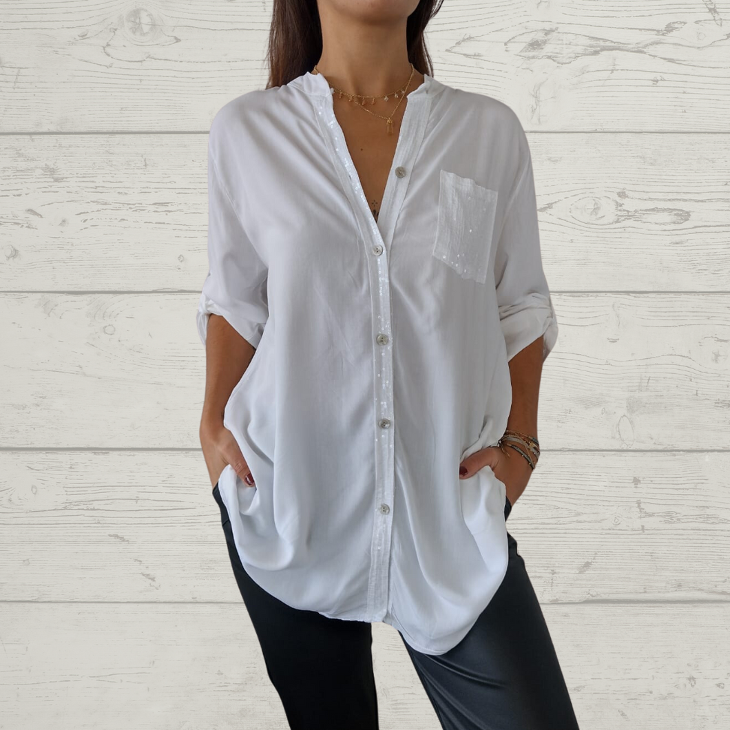 Blusa italiana con brillo, color blanco