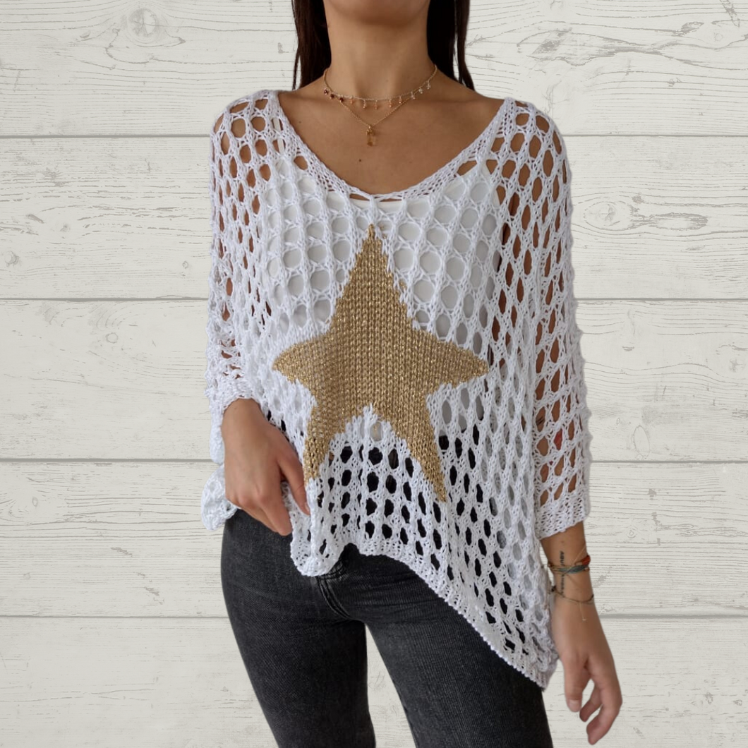 Sweater Italiano estrella, color blanco con taupe