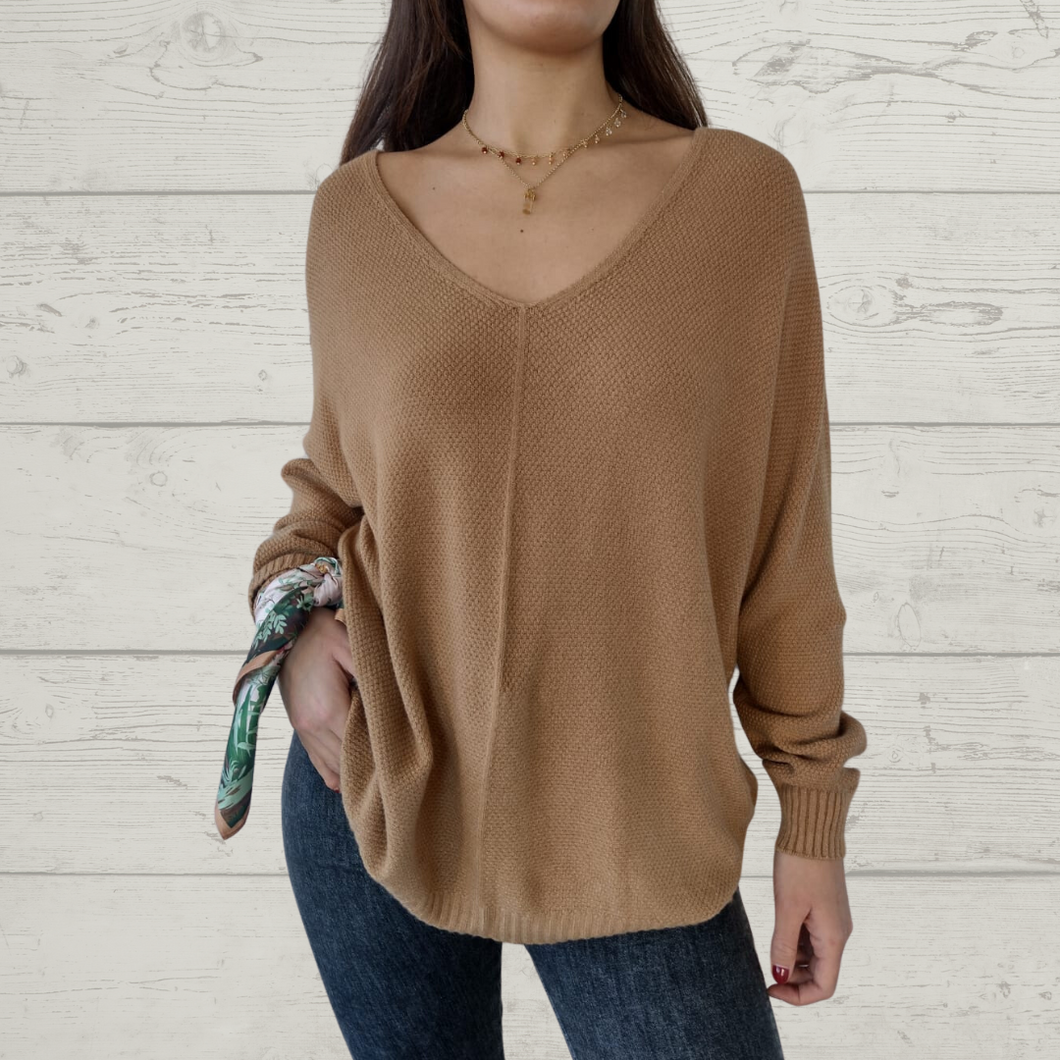 Sweater Italiano ancho escote en V, color camel