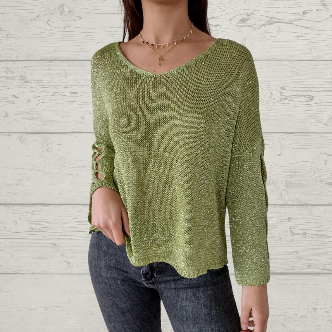 Sweater Italiano con adornos en las mangas, color verde pistacho