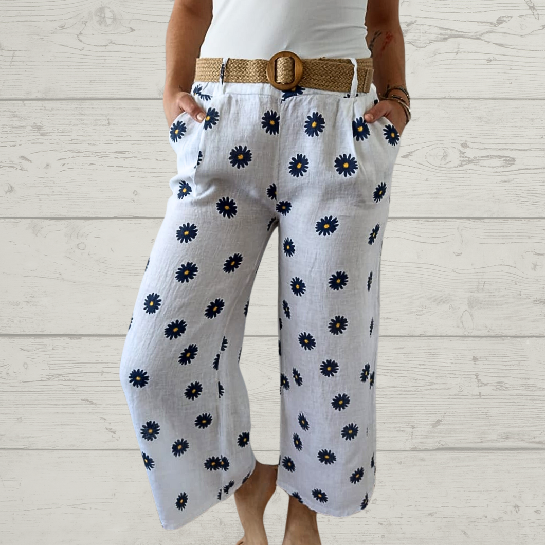 Pantalón de lino Italiano estampado, fondo blanco