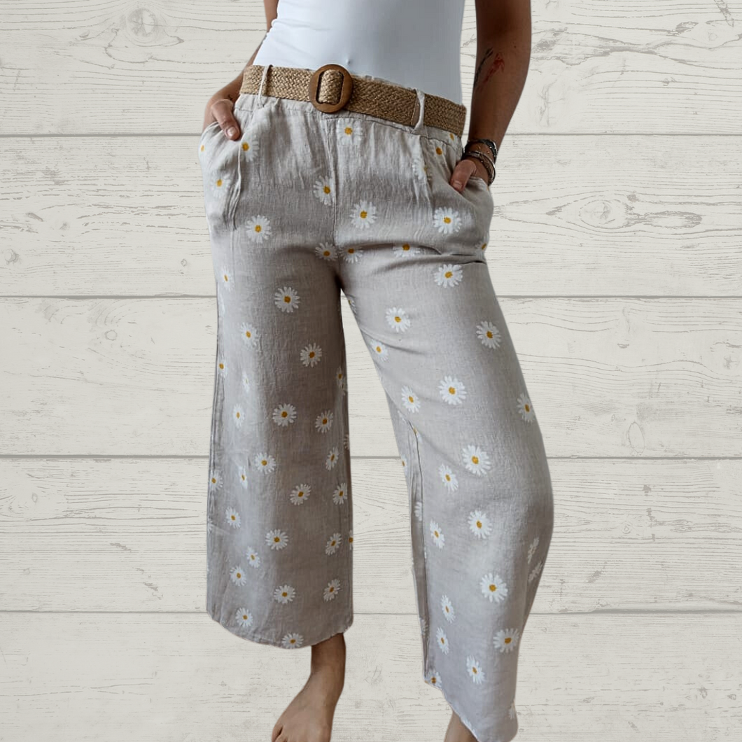 Pantalón de lino Italiano estampado, fondo beige