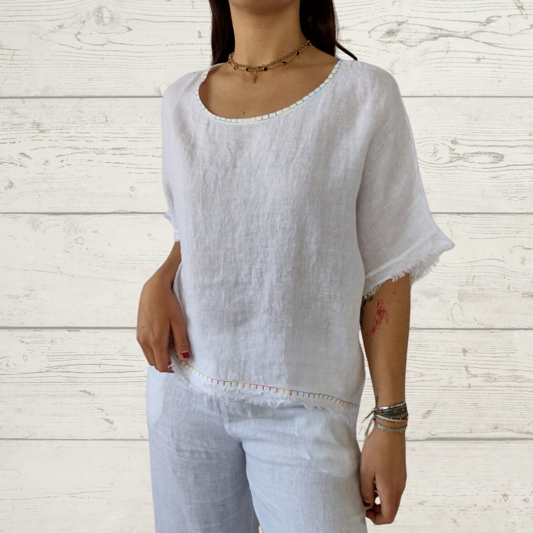 Blusa de lino Italiano con puntadas, color blanco