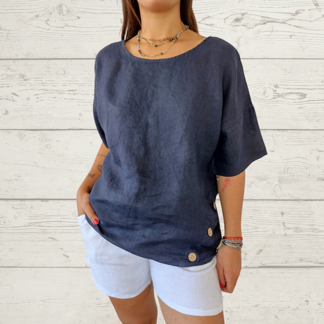 Blusa de lino Italiano botones a los lados, color azul marino