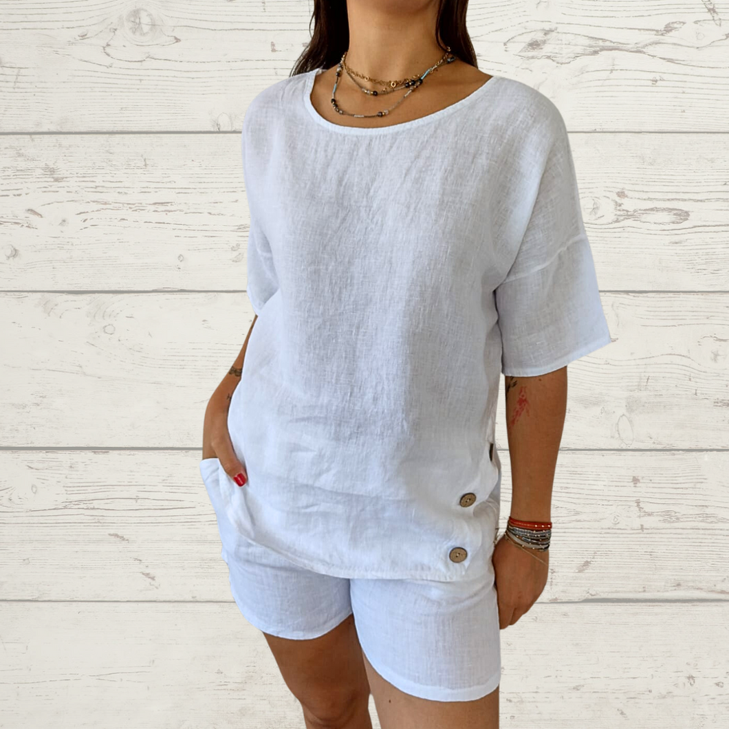 Blusa de lino Italiano botones a los lados, color blanco