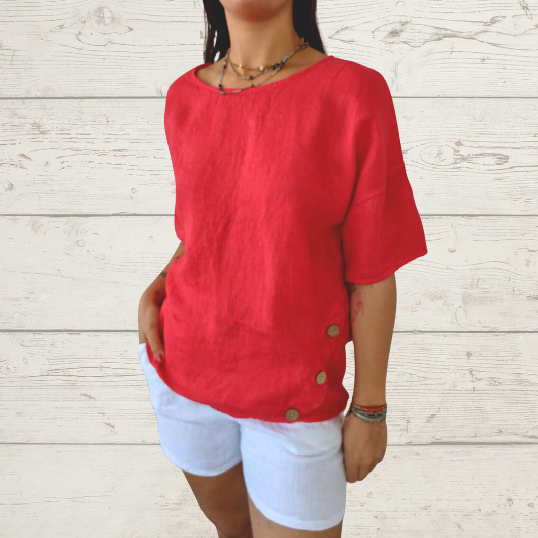 Blusa de lino Italiano botones a los lados, color rojo