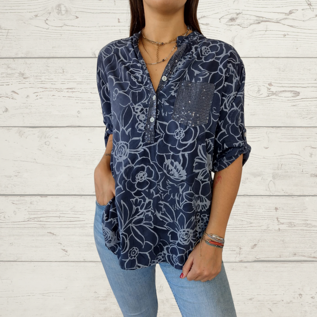 Blusa Italiana estampado con flores, fondo azul