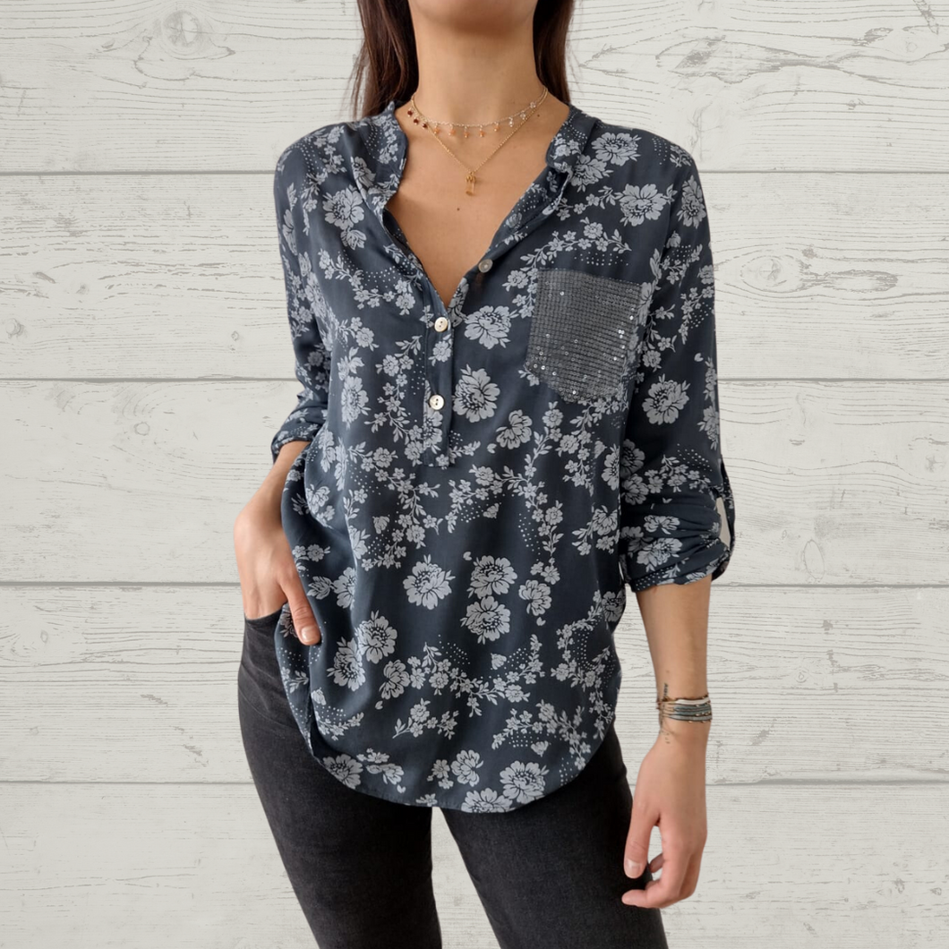 Blusa Italiano estampado flores, fondo gris oscuro