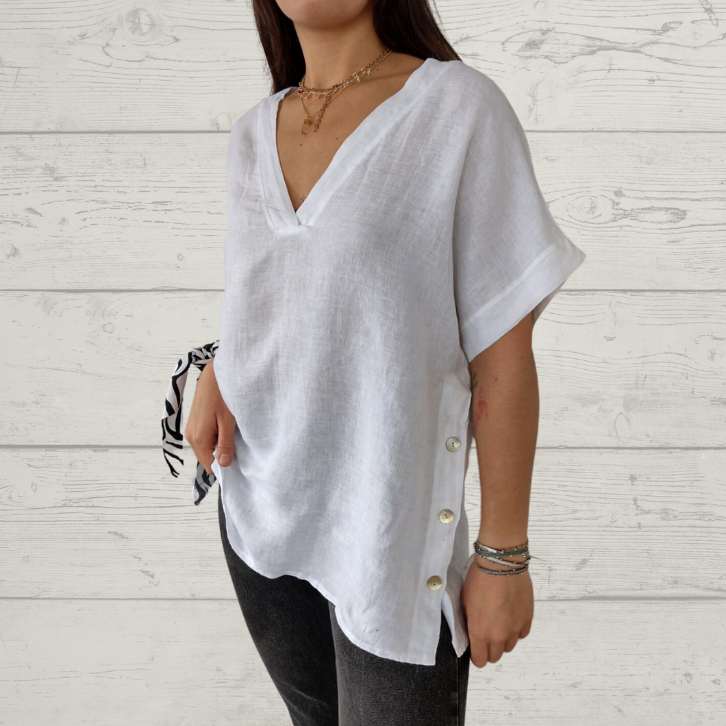 Blusa de lino Italiano con botones a los lados, color blanco