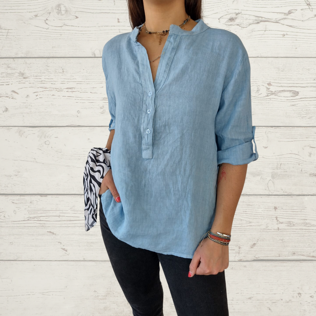 Blusa de lino Italiano cuello mao, color jacinto