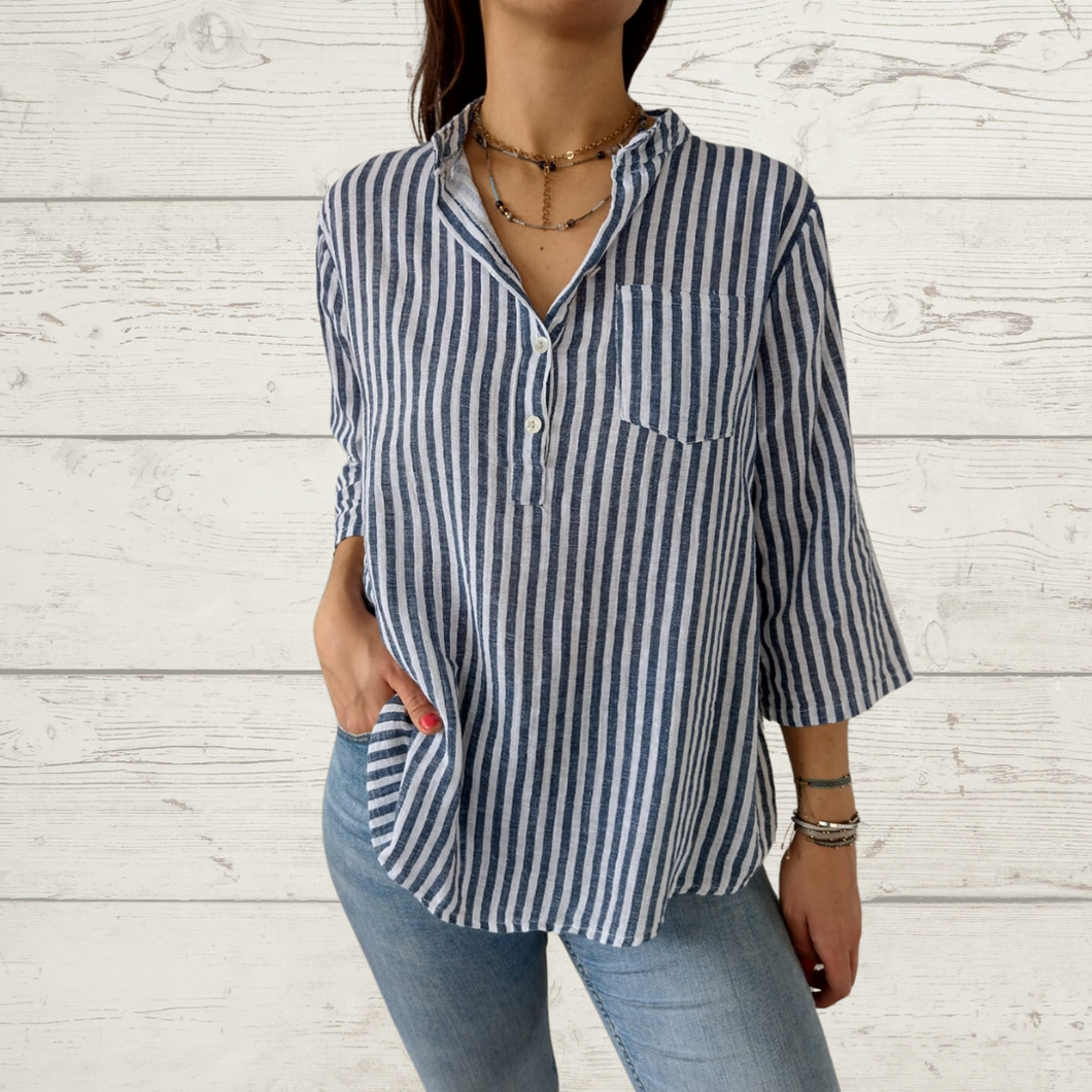 Blusa Italiana rayada, color blanco con azul